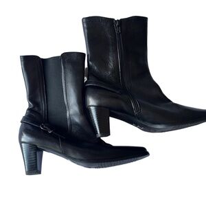 Vera Weng Black Leather Side Zipper Buckle Block Heel‎ Heeled Ankle Boots 38